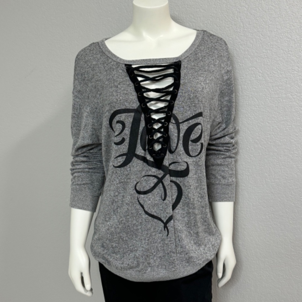 Inspired Hearts Gray Lace Up Love Sweater